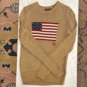 Polo by Ralph Lauren Gold/Tan Crew Neck Sweater with American Flag